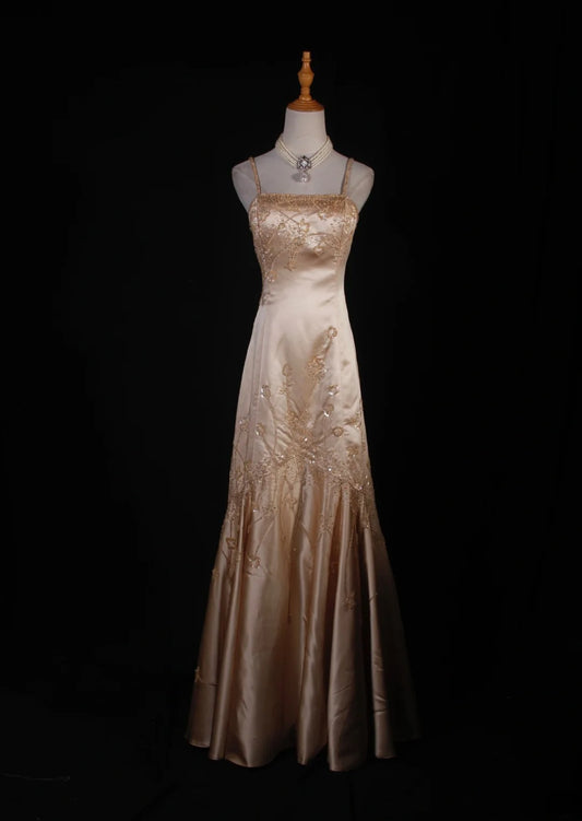 Classy Prom Dresses 1950s Mermaid Spaghetti Strap Champagne With Beaded Long Parties Gowns Evening Dress AS241