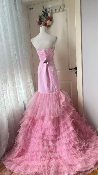 Vintage Prom Dresses Aesthetic 90s Retro Mermaid Strapless Layers Tulle Pink Evening Outfits RC0586