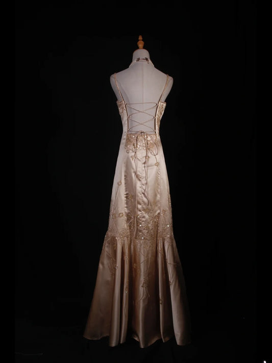 Classy Prom Dresses 1950s Mermaid Spaghetti Strap Champagne With Beaded Long Parties Gowns Evening Dress AS241
