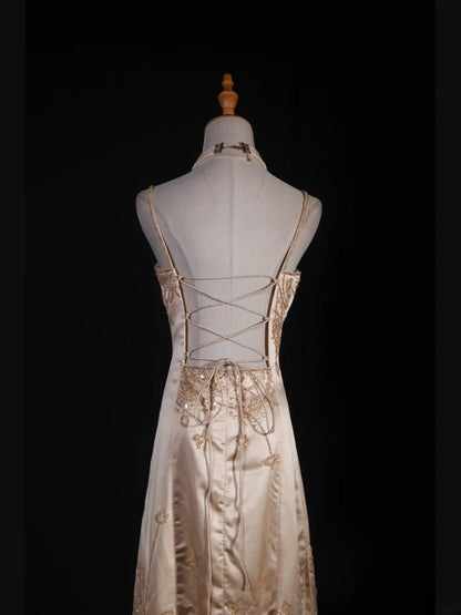 Classy Prom Dresses 1950s Mermaid Spaghetti Strap Champagne With Beaded Long Parties Gowns Evening Dress AS241
