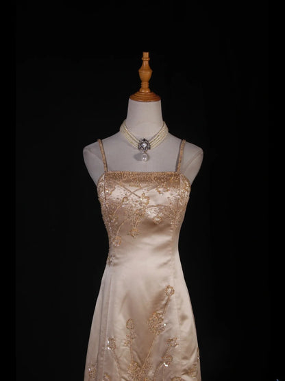 Classy Prom Dresses 1950s Mermaid Spaghetti Strap Champagne With Beaded Long Parties Gowns Evening Dress AS241