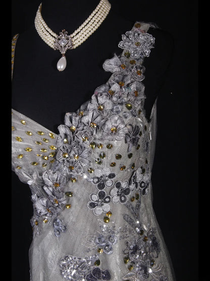 Classy Prom Dresses 1950s Mermaid Spaghetti Strap Silver Gray Lace With Beaded Long Parties Gowns Evening Dress AS242