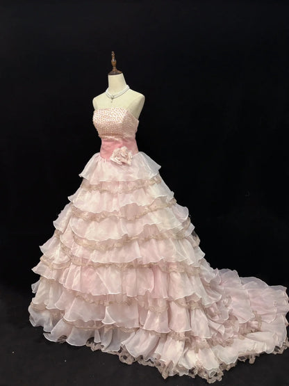 Elegant Ball Gowns Strapless Pink Poofy Long With Tiered Layers Quince Dress Sweet 16 Ideas Quinceanera Dresses Vestidos De 15 anos RB7642