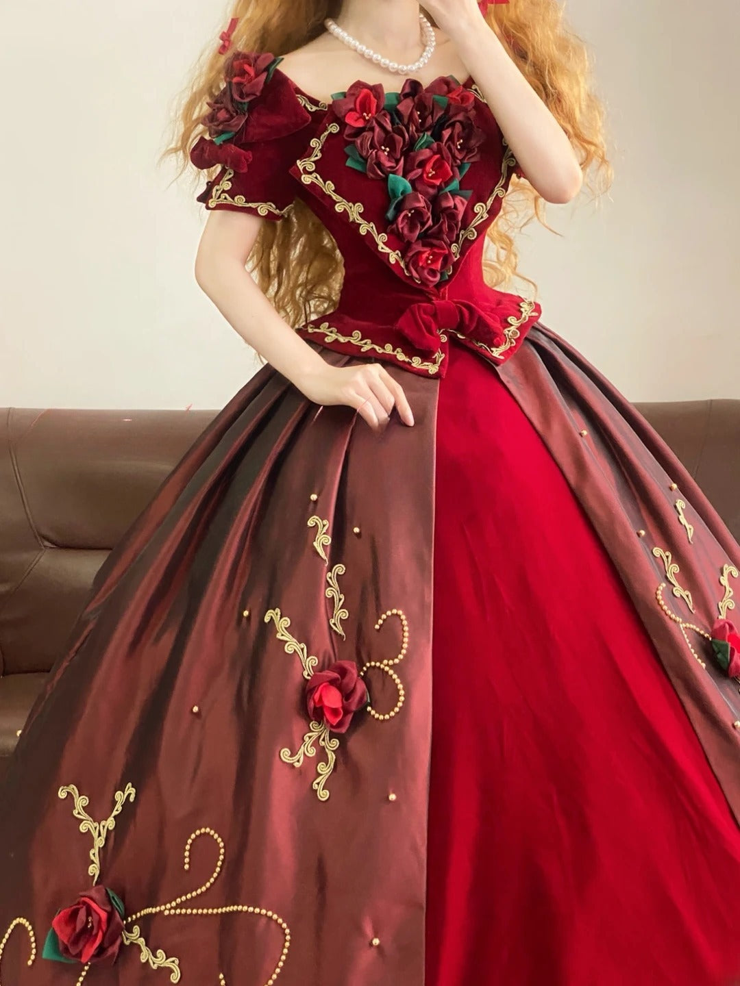 Quinceanera Dress Floral Satin Square Neck Burgundy With Sleeves Ball Gown Sweet 15 Gown RB9161