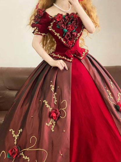 Quinceanera Dress Floral Satin Square Neck Burgundy With Sleeves Ball Gown Sweet 15 Gown RB9161
