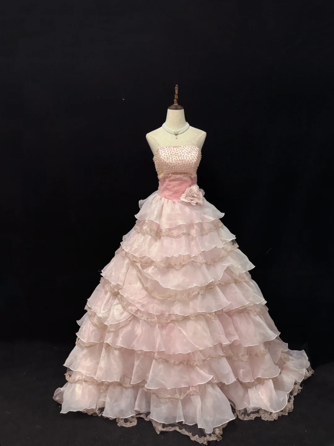 Elegant Ball Gowns Strapless Pink Poofy Long With Tiered Layers Quince Dress Sweet 16 Ideas Quinceanera Dresses Vestidos De 15 anos RB7642