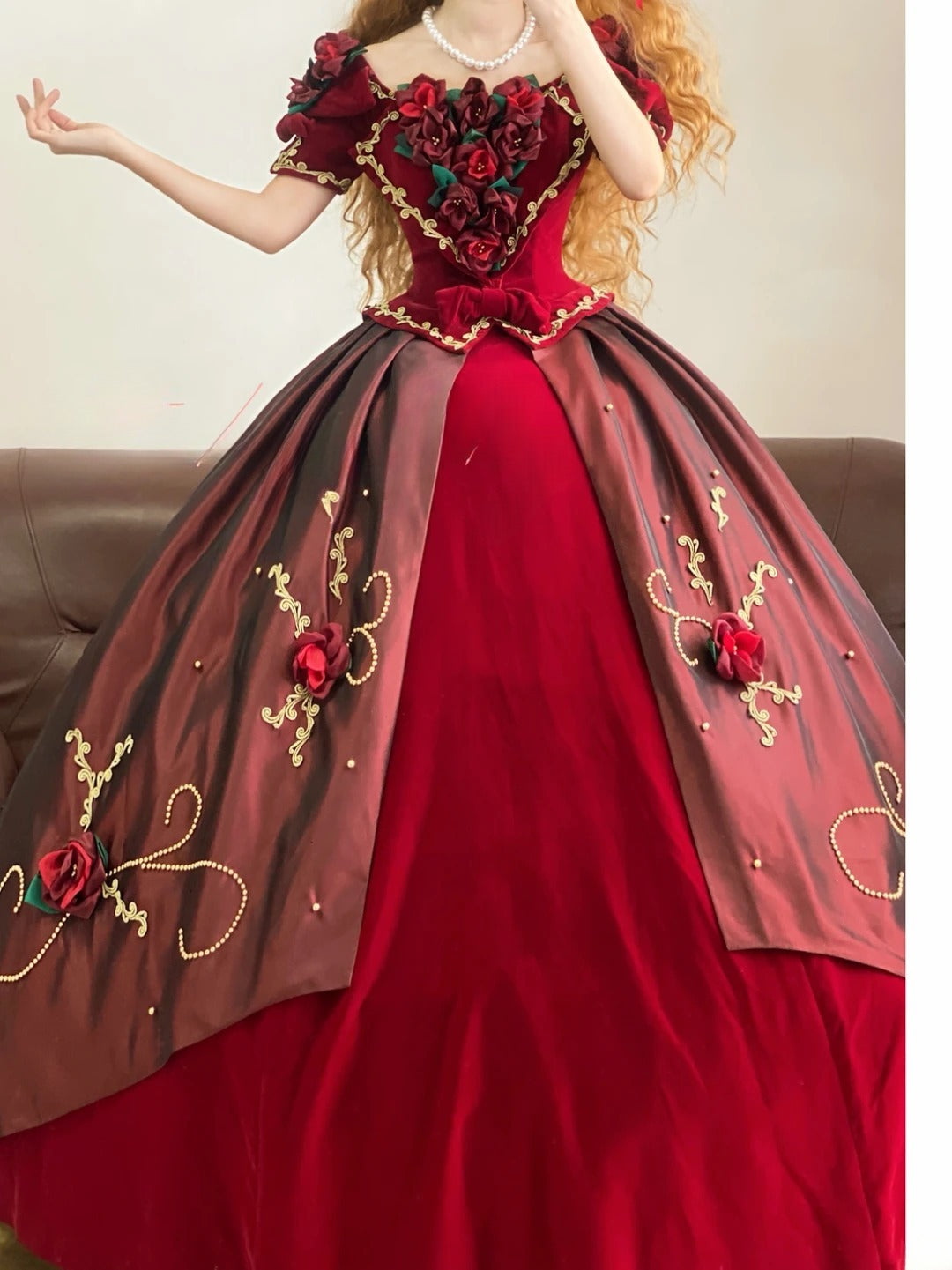 Quinceanera Dress Floral Satin Square Neck Burgundy With Sleeves Ball Gown Sweet 15 Gown RB9161