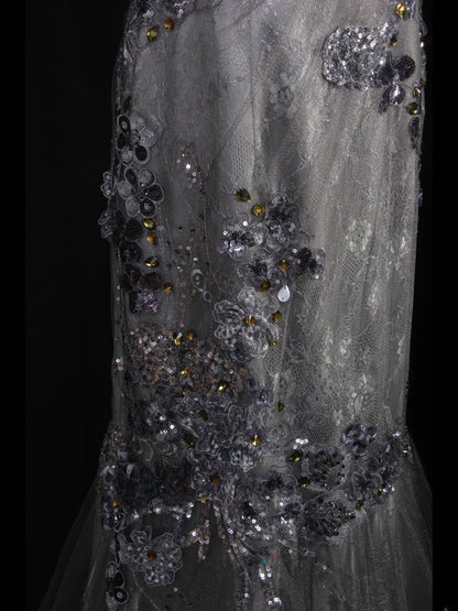 Classy Prom Dresses 1950s Mermaid Spaghetti Strap Silver Gray Lace With Beaded Long Parties Gowns Evening Dress AS242
