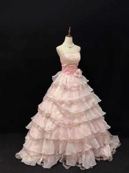 Elegant Ball Gowns Strapless Pink Poofy Long With Tiered Layers Quince Dress Sweet 16 Ideas Quinceanera Dresses Vestidos De 15 anos RB7642