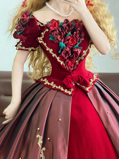 Quinceanera Dress Floral Satin Square Neck Burgundy With Sleeves Ball Gown Sweet 15 Gown RB9161
