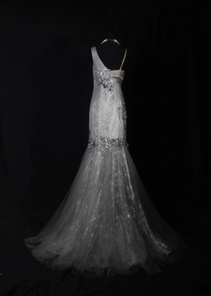 Classy Prom Dresses 1950s Mermaid Spaghetti Strap Silver Gray Lace With Beaded Long Parties Gowns Evening Dress AS242