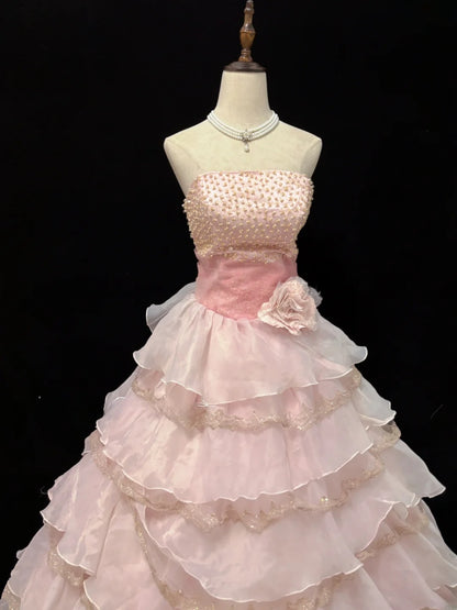 Elegant Ball Gowns Strapless Pink Poofy Long With Tiered Layers Quince Dress Sweet 16 Ideas Quinceanera Dresses Vestidos De 15 anos RB7642