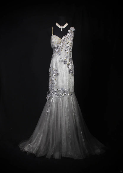 Classy Prom Dresses 1950s Mermaid Spaghetti Strap Silver Gray Lace With Beaded Long Parties Gowns Evening Dress AS242
