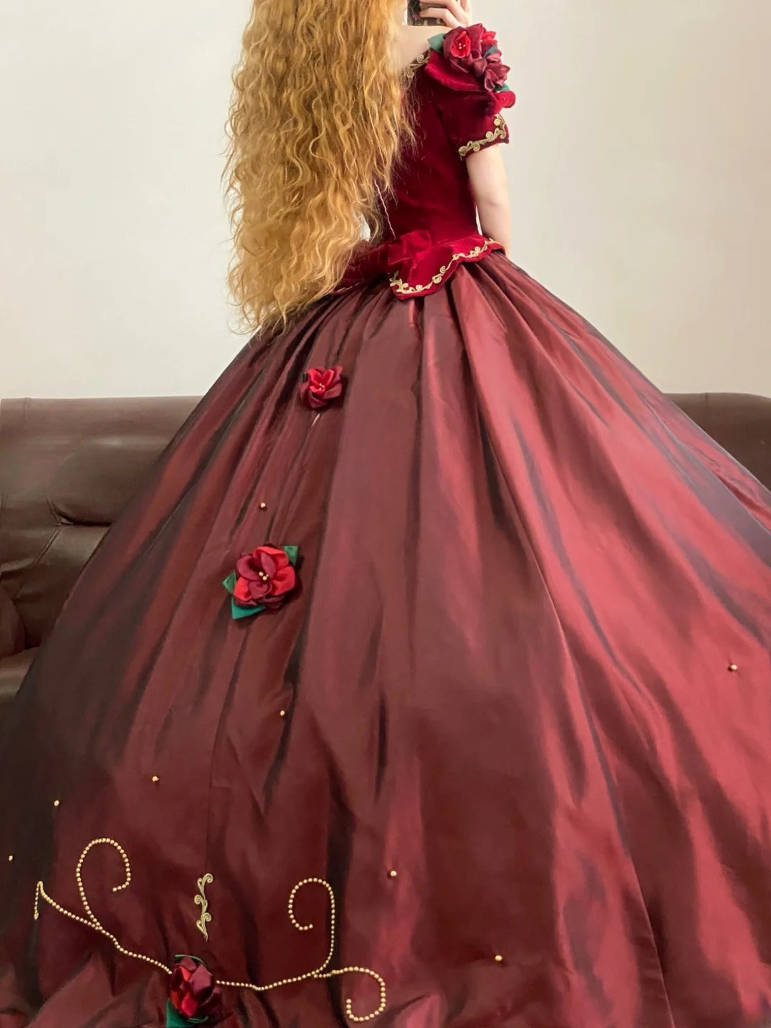 Quinceanera Dress Floral Satin Square Neck Burgundy With Sleeves Ball Gown Sweet 15 Gown RB9161
