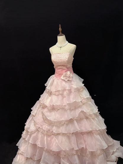 Elegant Ball Gowns Strapless Pink Poofy Long With Tiered Layers Quince Dress Sweet 16 Ideas Quinceanera Dresses Vestidos De 15 anos RB7642