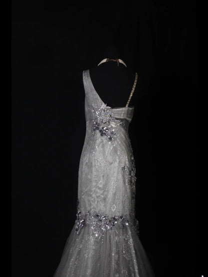 Classy Prom Dresses 1950s Mermaid Spaghetti Strap Silver Gray Lace With Beaded Long Parties Gowns Evening Dress AS242