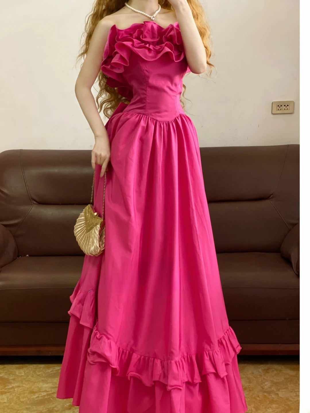 Chic A line Strapless Fuchsia Satin With Ruffles Prom Dress For Women Evening Party Gown RB9162