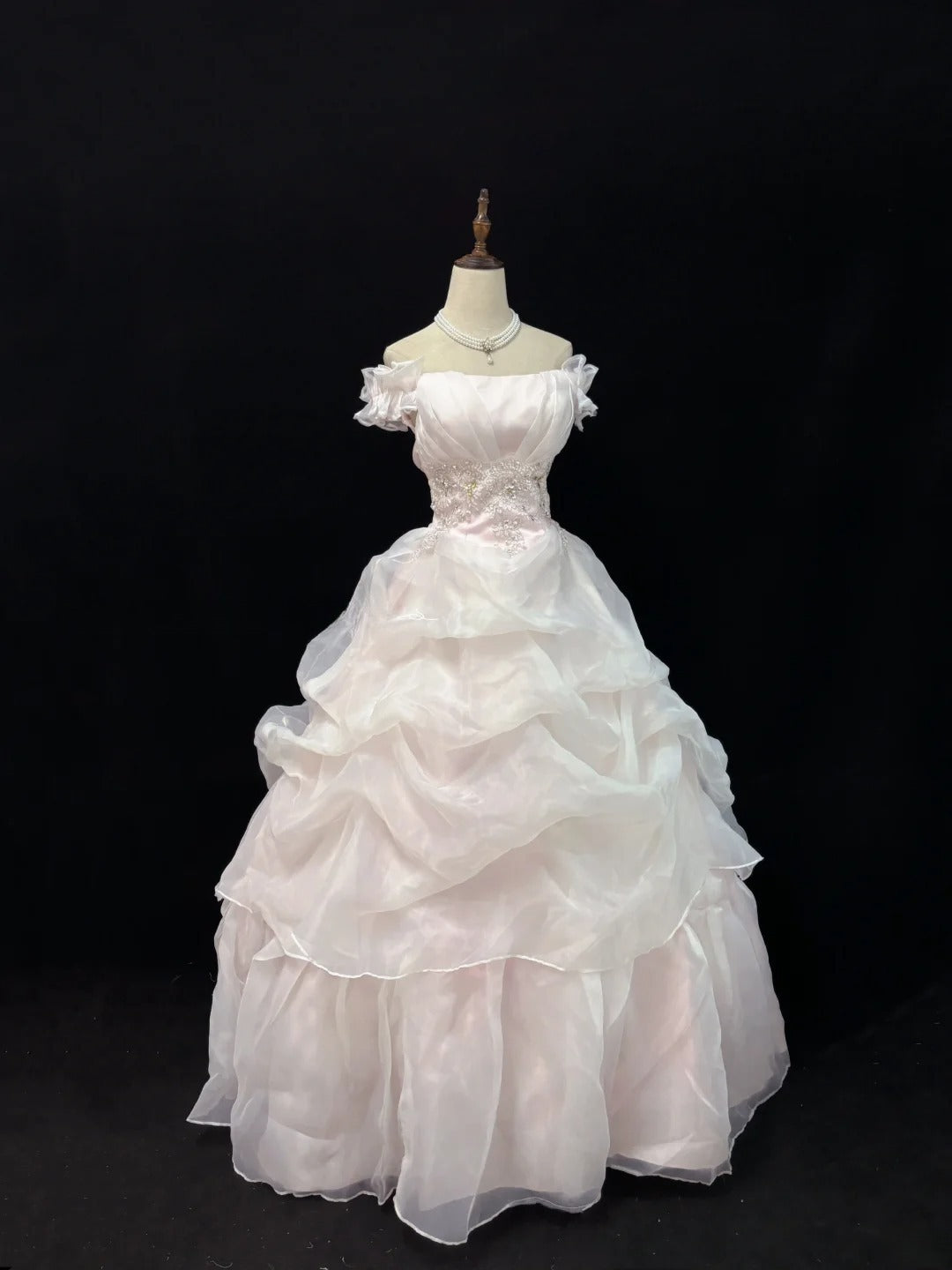 Dreamy Ball Gowns Off The Shoulder Pearl Pink With Tiered Layers Long Prom Dresses Senior Puffy Sweet 16 Sixteen Outfit Vestido de 15 RB7643