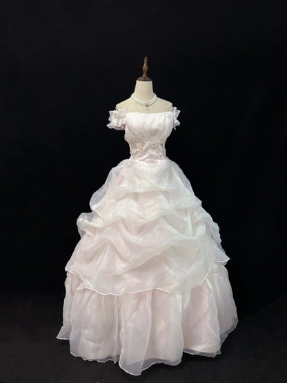 Dreamy Ball Gowns Off The Shoulder Pearl Pink With Tiered Layers Long Prom Dresses Senior Puffy Sweet 16 Sixteen Outfit Vestido de 15 RB7643