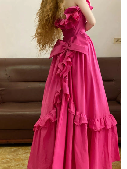 Chic A line Strapless Fuchsia Satin With Ruffles Prom Dress For Women Evening Party Gown RB9162