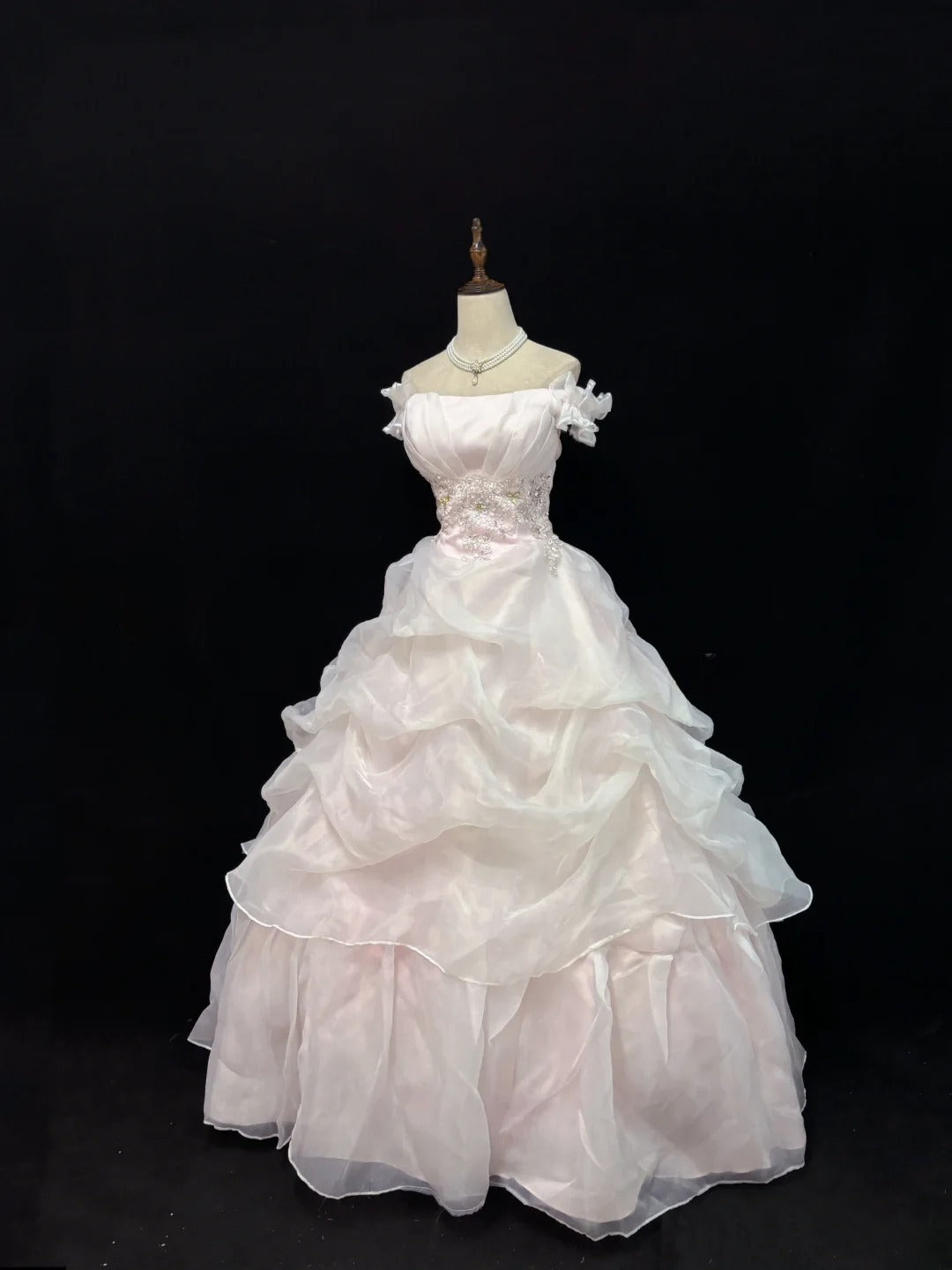 Dreamy Ball Gowns Off The Shoulder Pearl Pink With Tiered Layers Long Prom Dresses Senior Puffy Sweet 16 Sixteen Outfit Vestido de 15 RB7643