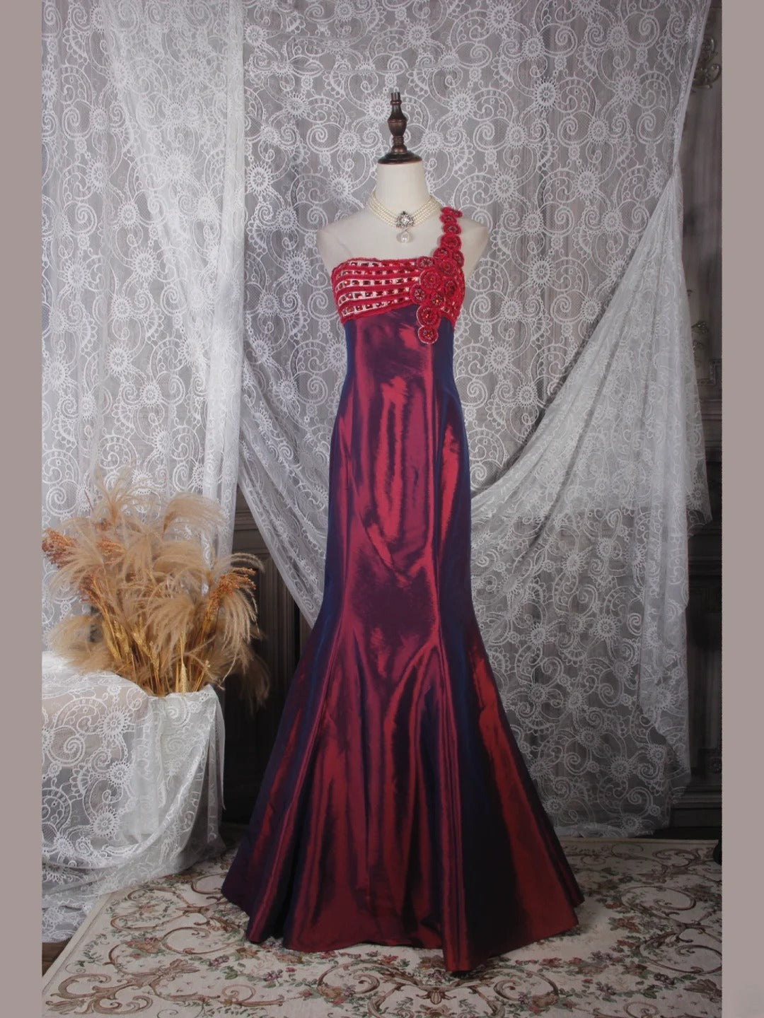 Classy Prom Dresses 1950s Mermaid One Shoulder Floral Burgundy Wine Red Long Parties Gowns Evening Dress AS243