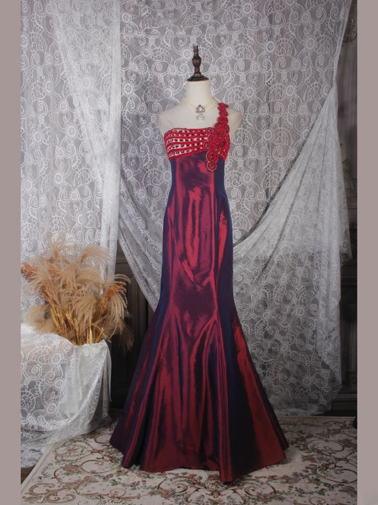 Classy Prom Dresses 1950s Mermaid One Shoulder Floral Burgundy Wine Red Long Parties Gowns Evening Dress AS243