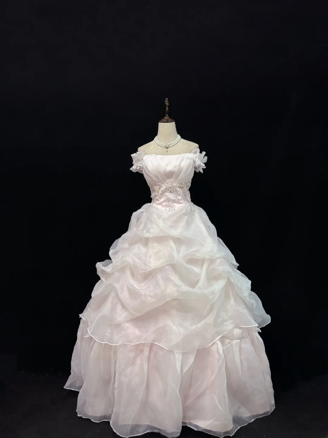Dreamy Ball Gowns Off The Shoulder Pearl Pink With Tiered Layers Long Prom Dresses Senior Puffy Sweet 16 Sixteen Outfit Vestido de 15 RB7643