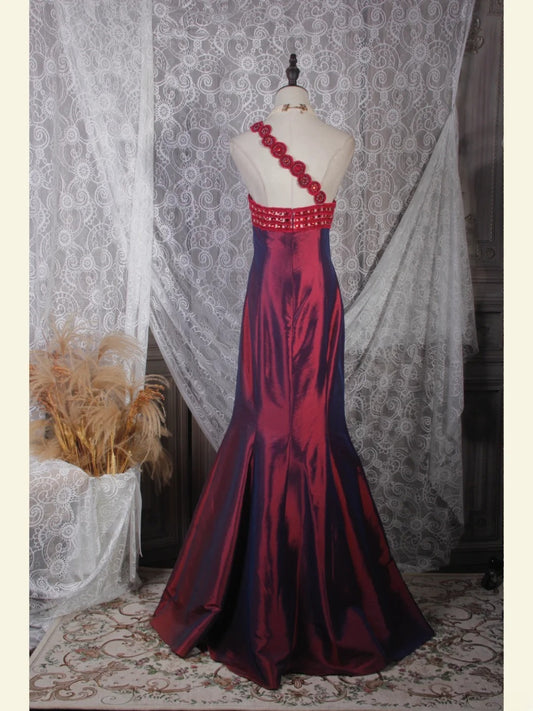 Classy Prom Dresses 1950s Mermaid One Shoulder Floral Burgundy Wine Red Long Parties Gowns Evening Dress AS243