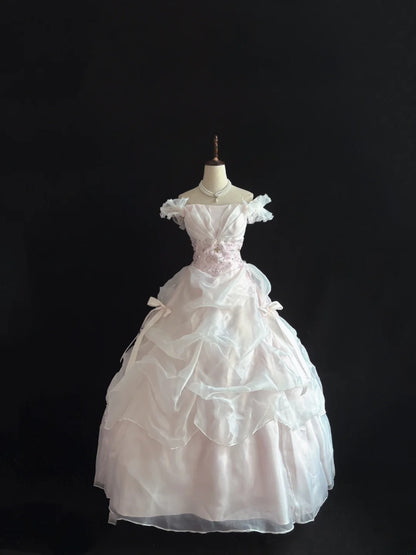 Dreamy Ball Gowns Off The Shoulder Pearl Pink With Tiered Layers Long Prom Dresses Senior Puffy Sweet 16 Sixteen Outfit Vestido de 15 RB7644