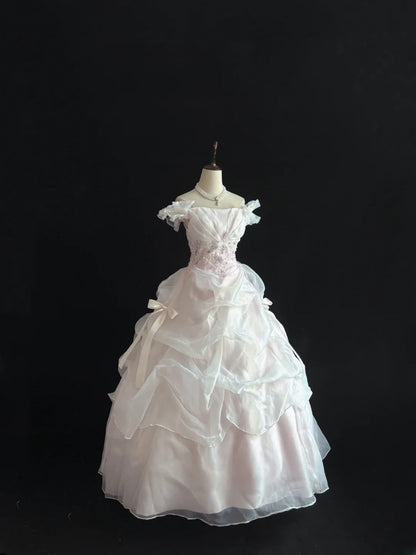 Dreamy Ball Gowns Off The Shoulder Pearl Pink With Tiered Layers Long Prom Dresses Senior Puffy Sweet 16 Sixteen Outfit Vestido de 15 RB7644