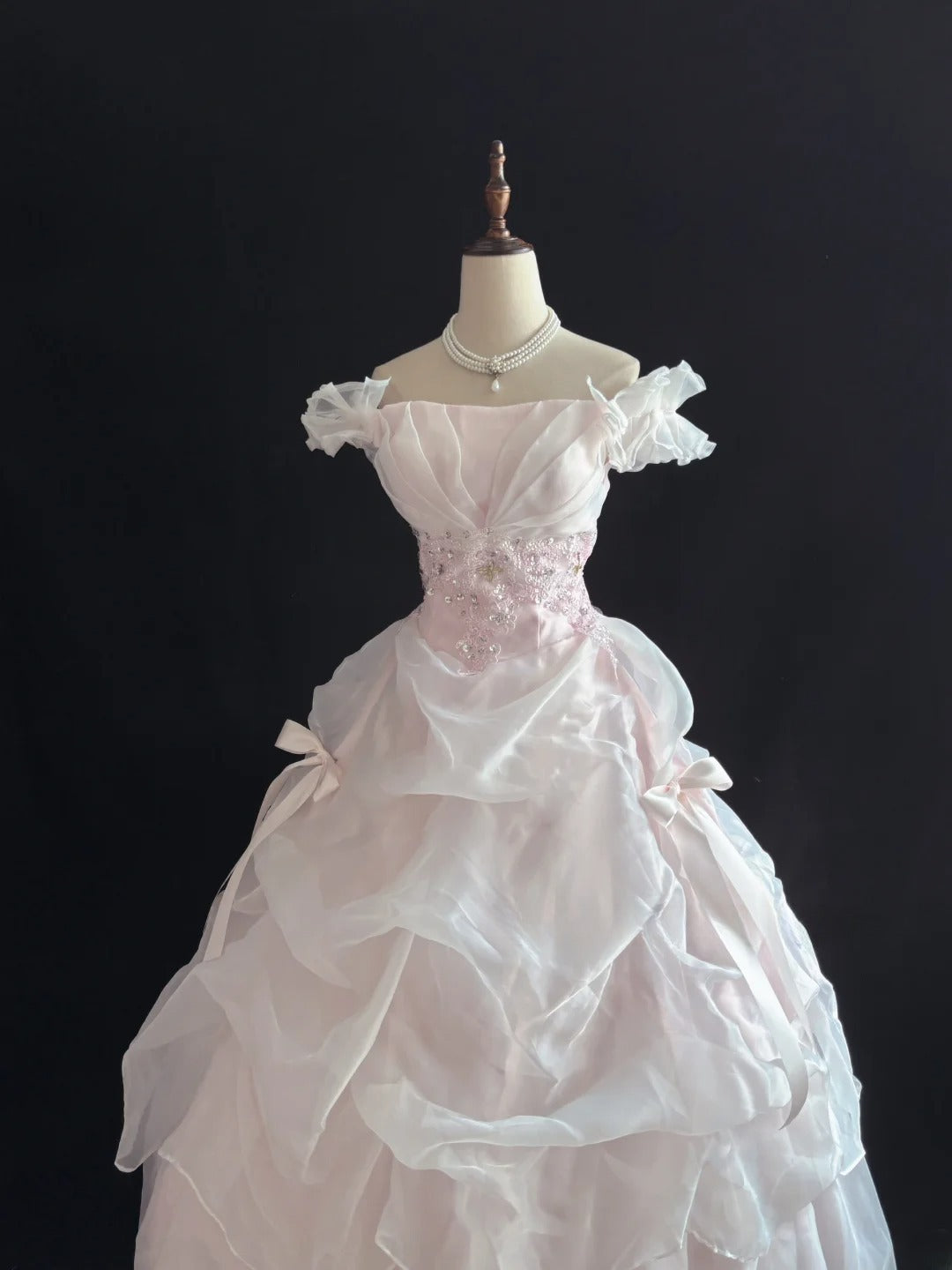 Dreamy Ball Gowns Off The Shoulder Pearl Pink With Tiered Layers Long Prom Dresses Senior Puffy Sweet 16 Sixteen Outfit Vestido de 15 RB7644