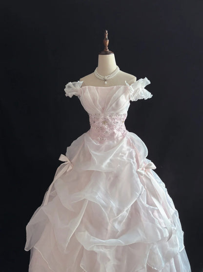 Dreamy Ball Gowns Off The Shoulder Pearl Pink With Tiered Layers Long Prom Dresses Senior Puffy Sweet 16 Sixteen Outfit Vestido de 15 RB7644