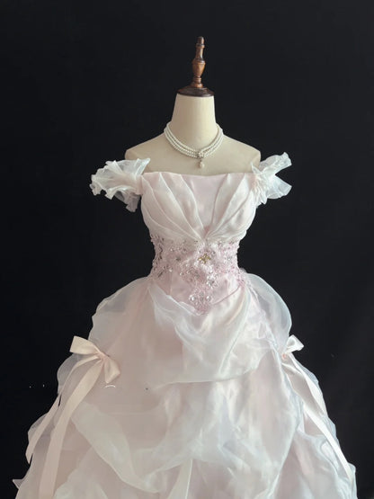 Dreamy Ball Gowns Off The Shoulder Pearl Pink With Tiered Layers Long Prom Dresses Senior Puffy Sweet 16 Sixteen Outfit Vestido de 15 RB7644