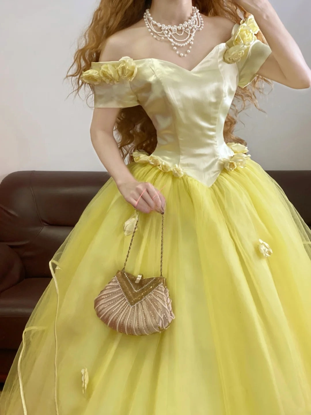 Quinceanera Dress Floral Off Shoulder Yellow With Sleeves Tulle Ball Gown Sweet 15 Gown RB9164