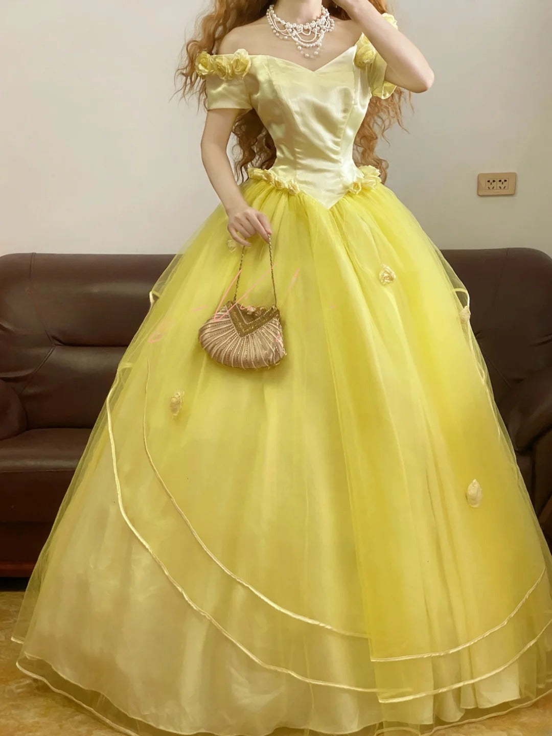 Quinceanera Dress Floral Off Shoulder Yellow With Sleeves Tulle Ball Gown Sweet 15 Gown RB9164