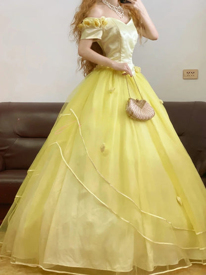 Quinceanera Dress Floral Off Shoulder Yellow With Sleeves Tulle Ball Gown Sweet 15 Gown RB9164