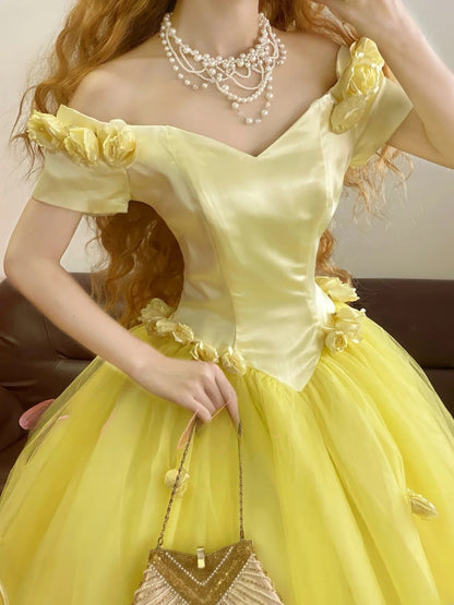 Quinceanera Dress Floral Off Shoulder Yellow With Sleeves Tulle Ball Gown Sweet 15 Gown RB9164