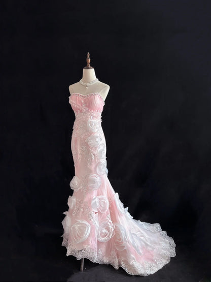 Beautiful Mermaid Sweetheart Pink With 3D Flowers Long Prom Dress Formal Outfits Evening Night Dresses RB7645