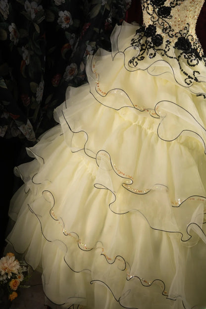 Cute Ball Gown Formal Events High Neck Yellow Tulle With Beading Quince Dress Tiered Quinceanera Dresses Birthday Outfits RB8510