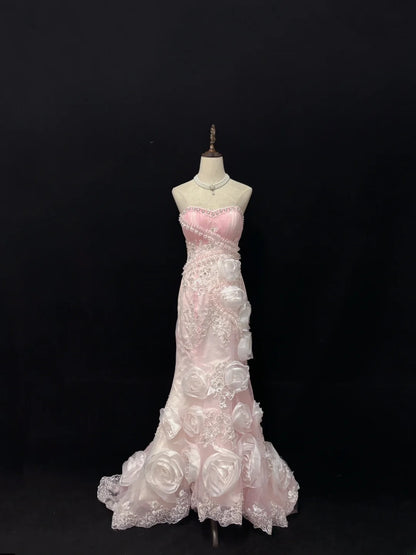 Beautiful Mermaid Sweetheart Pink With 3D Flowers Long Prom Dress Formal Outfits Evening Night Dresses RB7645