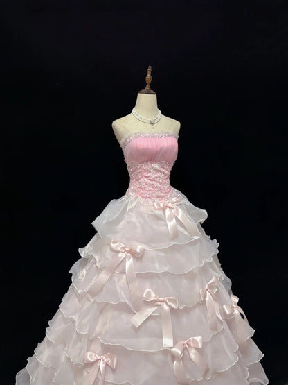 Elegant Ball Gowns Strapless Pink Poofy Long With Tiered Layers Quince Dress Sweet 16 Ideas Quinceanera Dresses Vestidos De 15 anos RB7646