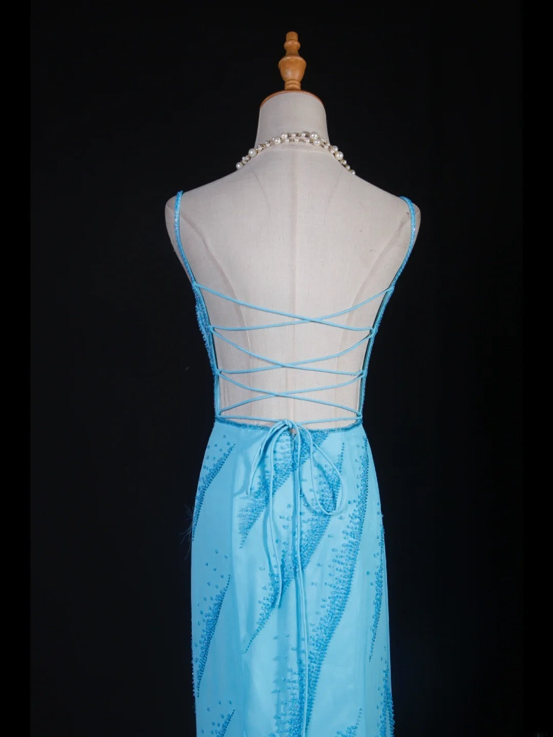 Vintage 50s Mermaid Spaghetti Straps Light Sky Blue Chiffon Backless Prom Dress Long Party Gowns Evening Dresses AS247