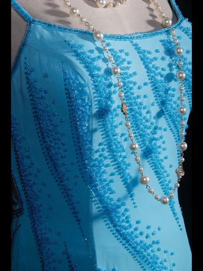Vintage 50s Mermaid Spaghetti Straps Light Sky Blue Chiffon Backless Prom Dress Long Party Gowns Evening Dresses AS247
