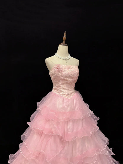 Elegant Ball Gowns Strapless Pink Poofy Long With Tiered Layers Tulle Quince Dress Sweet 16 Ideas Quinceanera Dresses Vestidos De 15 anos RB7647