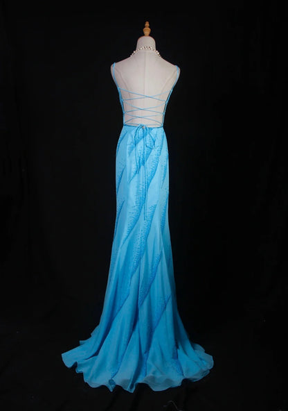Vintage 50s Mermaid Spaghetti Straps Light Sky Blue Chiffon Backless Prom Dress Long Party Gowns Evening Dresses AS247