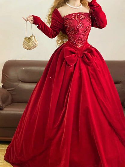 Quinceanera Dress Velvet With Long Sleeves Red Ball Gown Sweet 15 Gown RB9165
