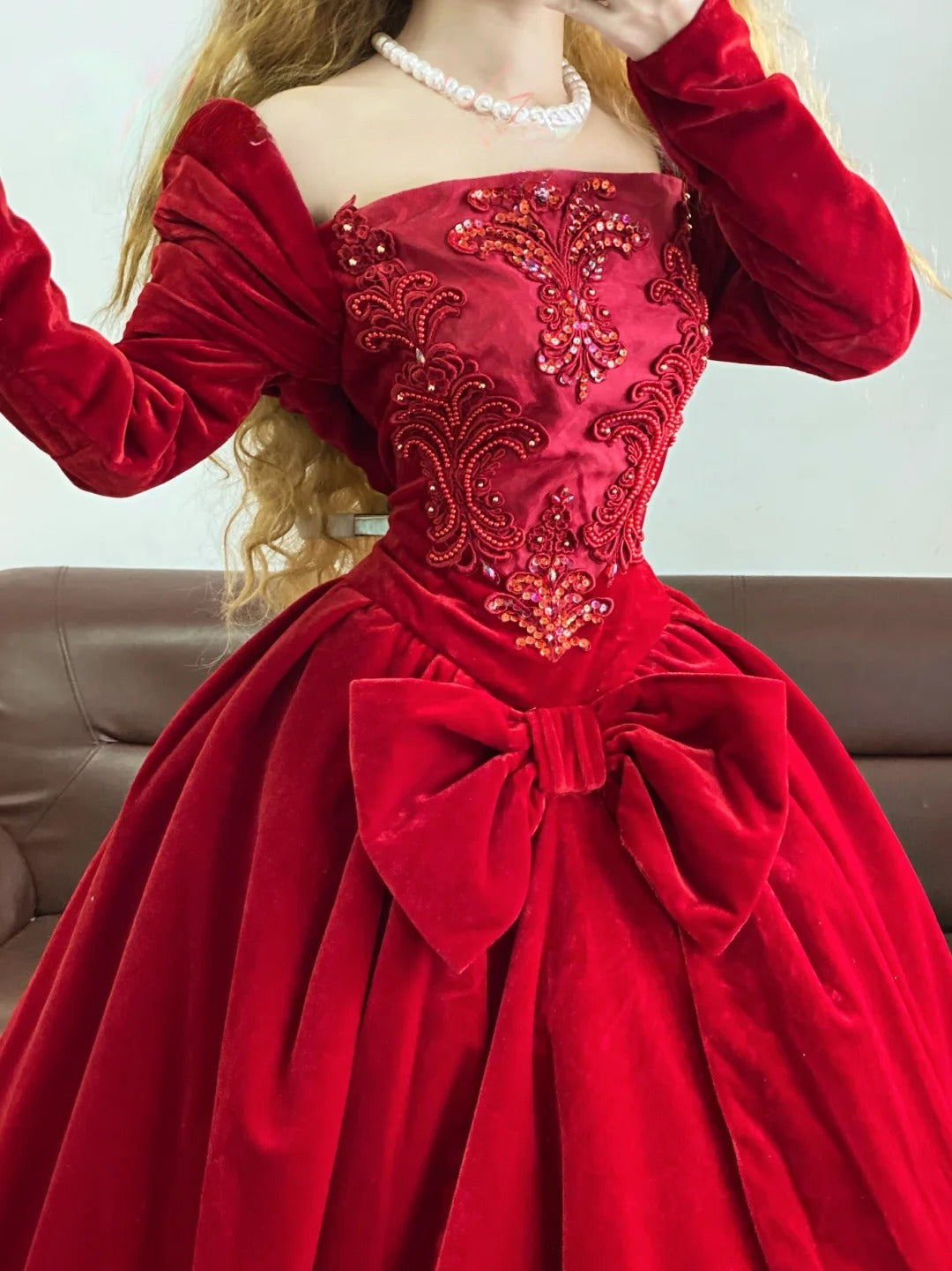 Quinceanera Dress Velvet With Long Sleeves Red Ball Gown Sweet 15 Gown RB9165