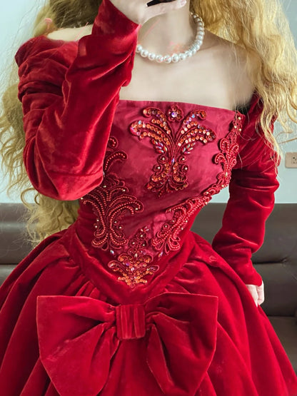 Quinceanera Dress Velvet With Long Sleeves Red Ball Gown Sweet 15 Gown RB9165