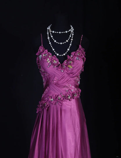 Classy Prom Dresses 1950s A line Spaghetti Straps Grape Tulle Long Parties Gowns Evening Dress AS249